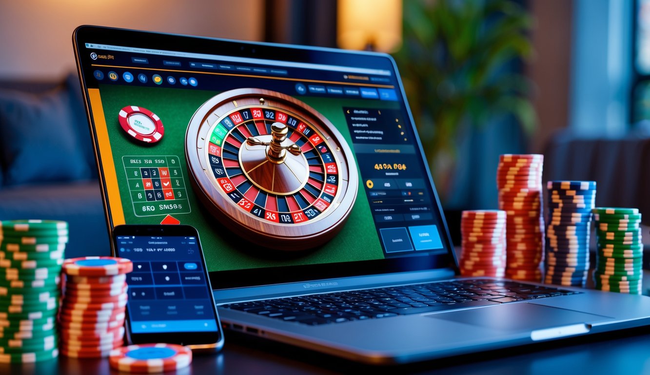 Sebuah laptop menampilkan roda roulette online dengan tumpukan chip kasino di sekitarnya di atas meja kerja yang rapi.