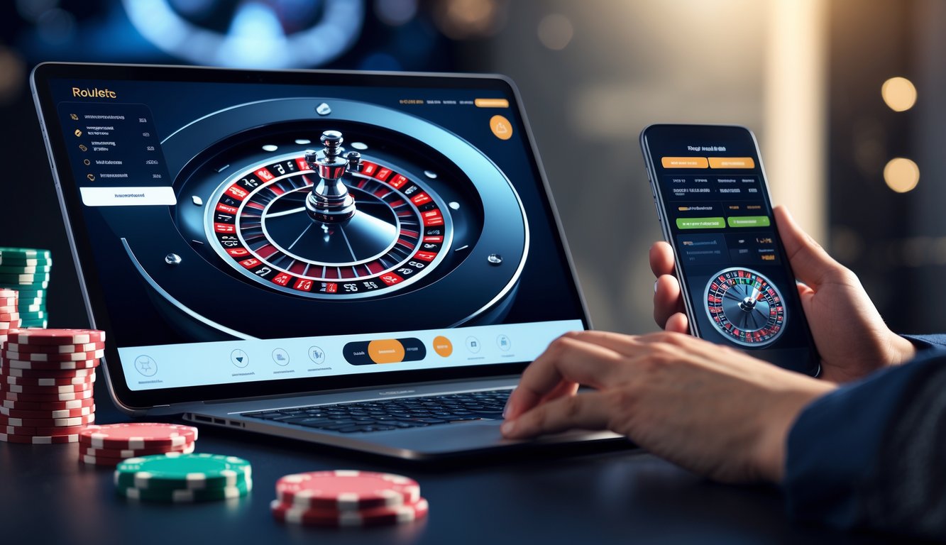 Sebuah layar komputer menampilkan roda roulette digital dengan beberapa chip kasino di sekitarnya dalam suasana kasino online profesional.