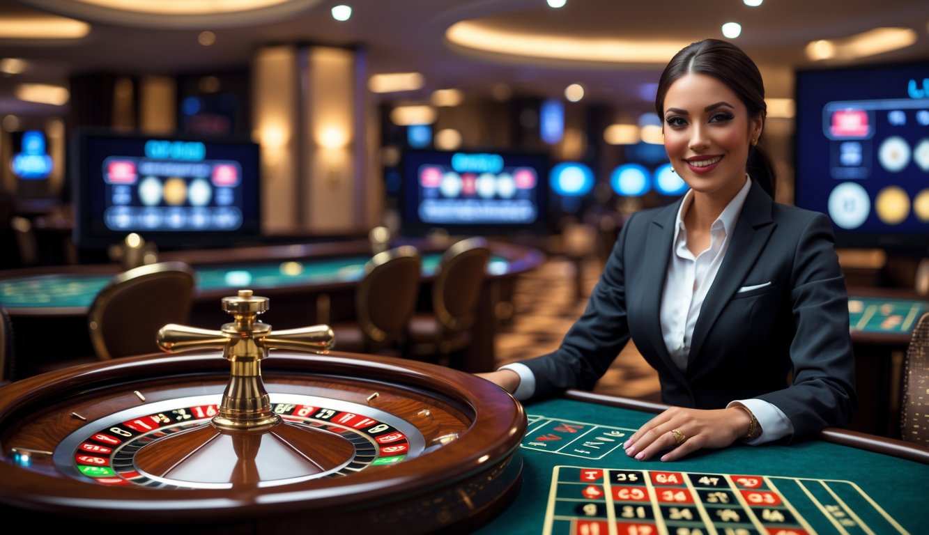 Seorang dealer live yang ramah duduk di belakang meja roulette dengan roda roulette yang sedang berputar di lingkungan kasino yang elegan.