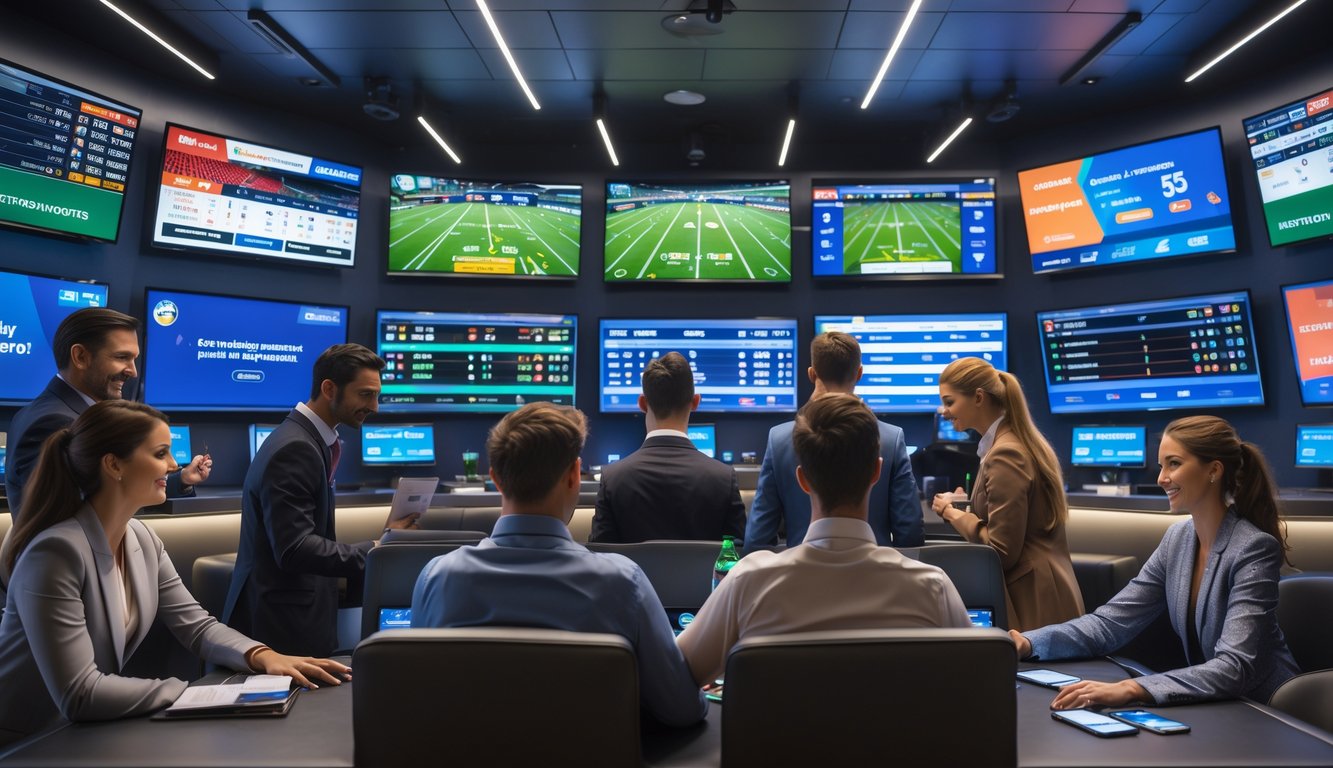 Orang-orang sedang melihat layar besar dengan berbagai acara olahraga di ruang taruhan olahraga yang modern dan nyaman.