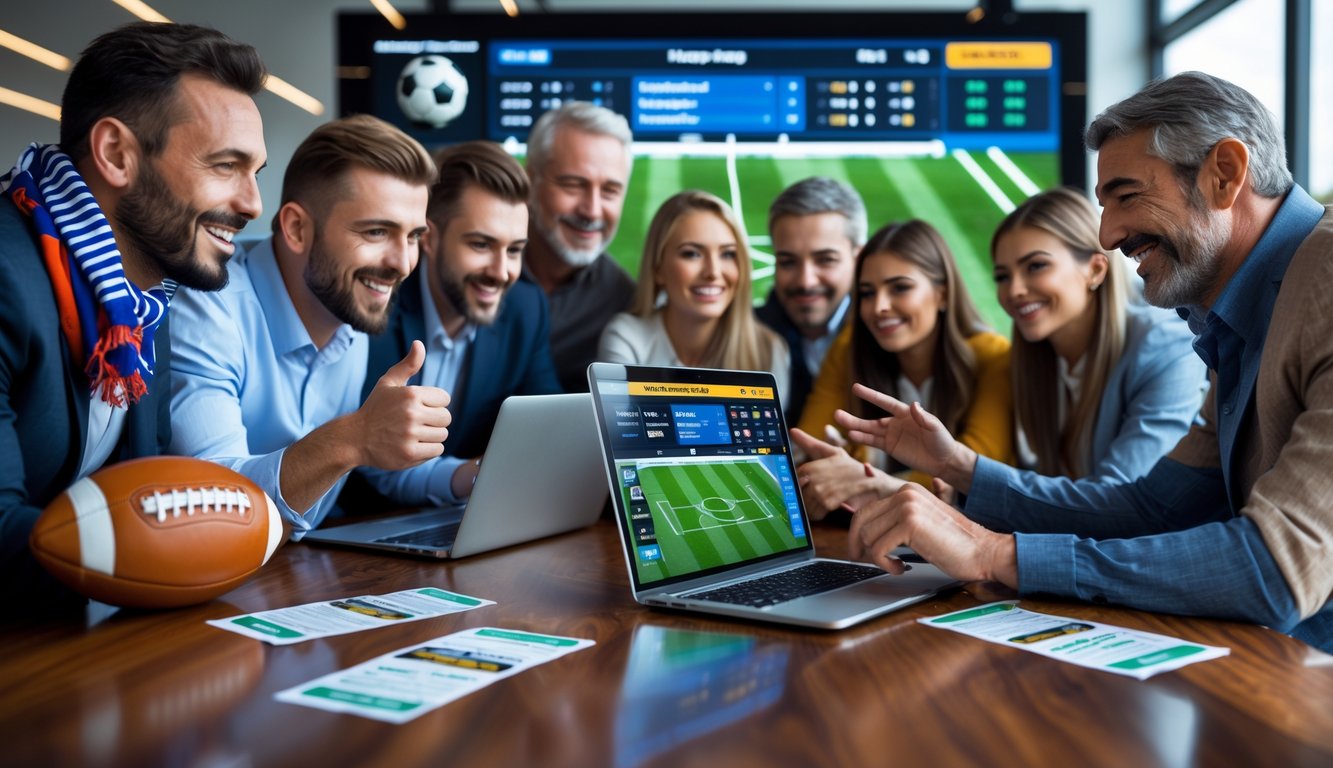 Sekelompok orang dewasa yang antusias melihat layar digital dengan statistik dan skor pertandingan sepak bola, duduk di sekitar meja dengan perangkat elektronik dan tiket sepak bola.