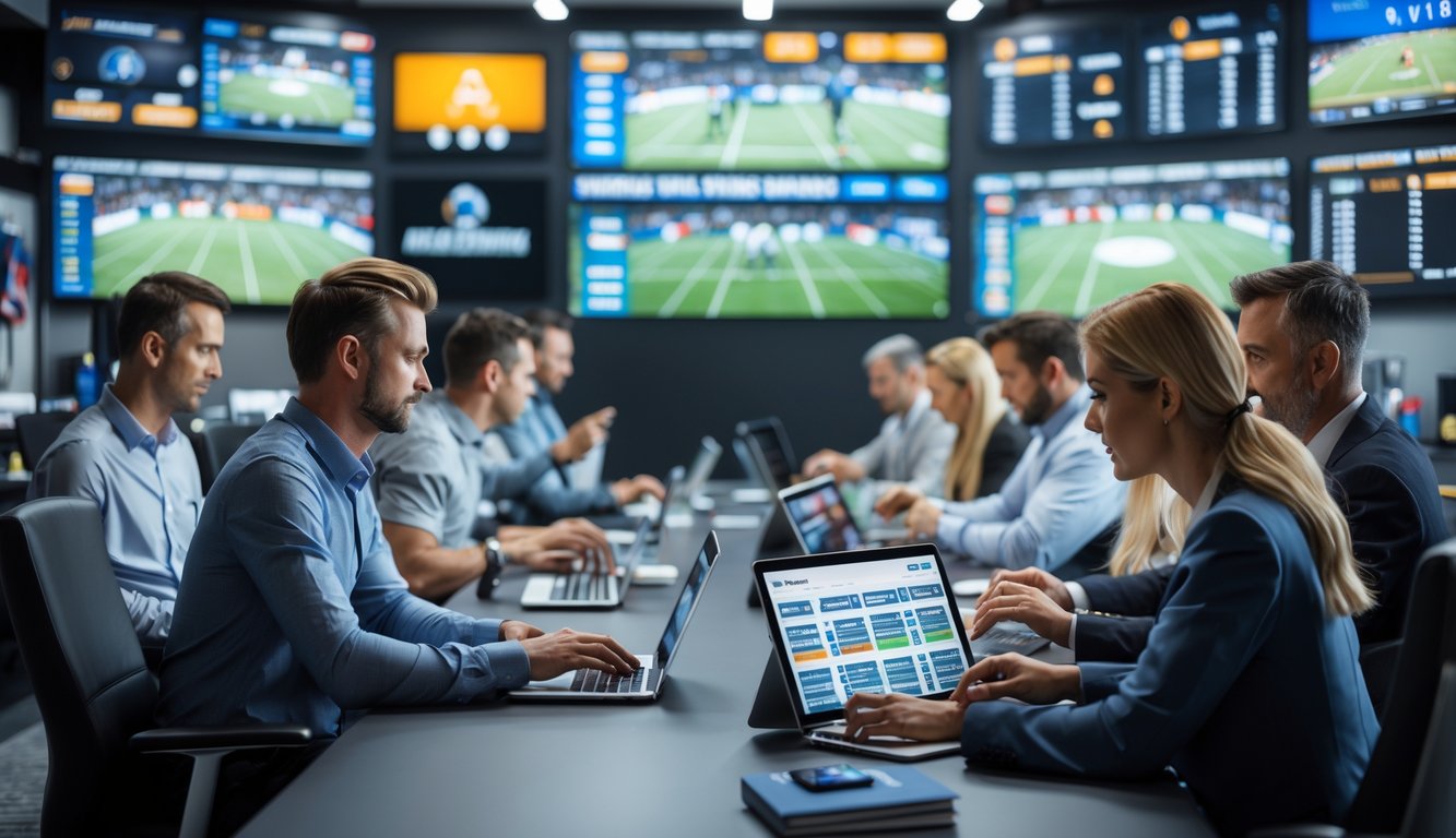 Orang-orang di dalam kantor agen judi olahraga resmi yang sedang menggunakan perangkat elektronik untuk memasang taruhan dengan layar besar menampilkan pertandingan olahraga.