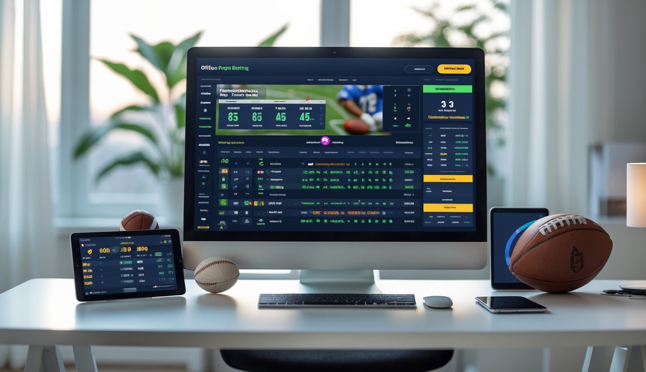 Sebuah ruang kerja modern dengan komputer, ponsel, dan tablet yang menampilkan statistik dan informasi taruhan olahraga.