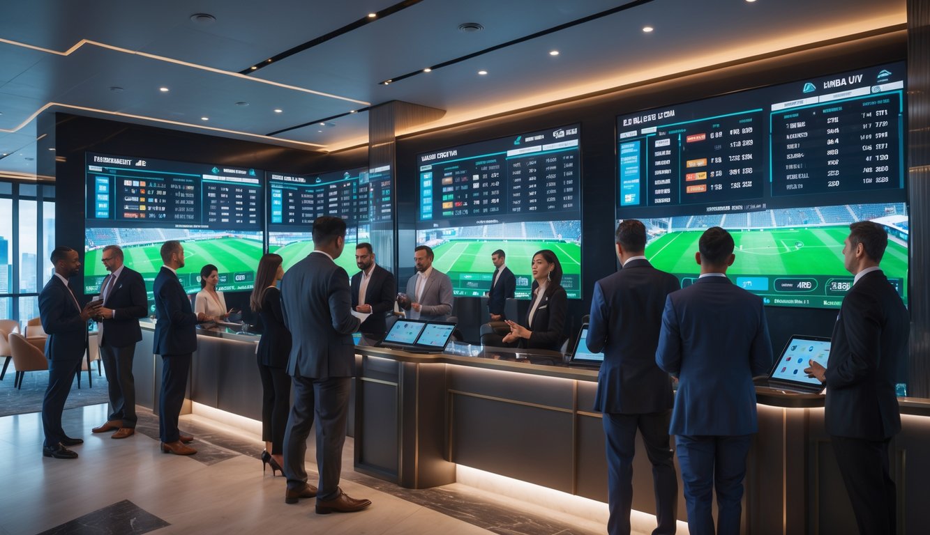 Sekelompok orang dewasa sedang melihat layar digital yang menampilkan statistik dan informasi taruhan sepak bola di sebuah ruang taruhan olahraga modern.