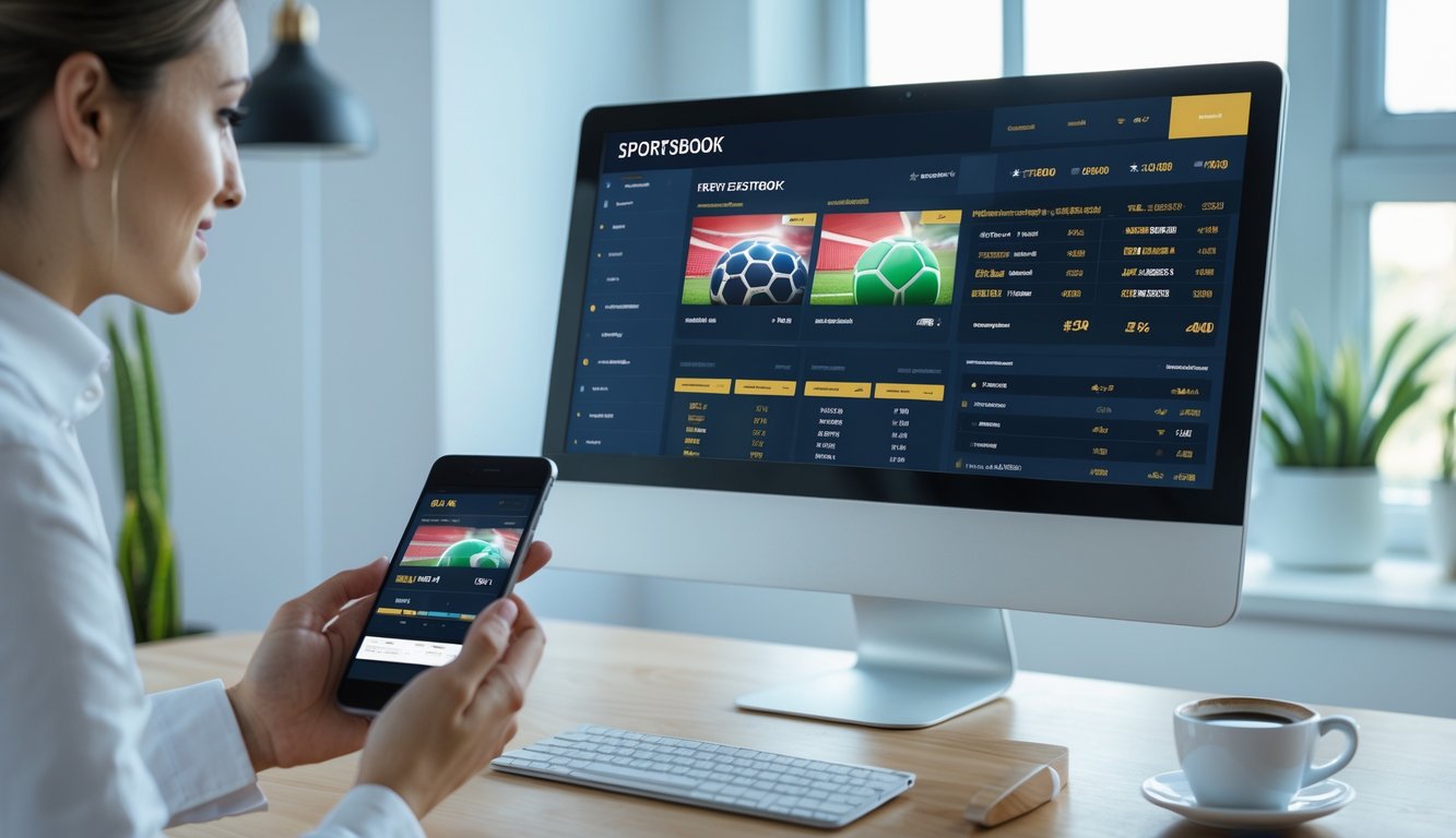 Seseorang menggunakan smartphone dan komputer dengan tampilan aplikasi taruhan olahraga online di meja kerja.