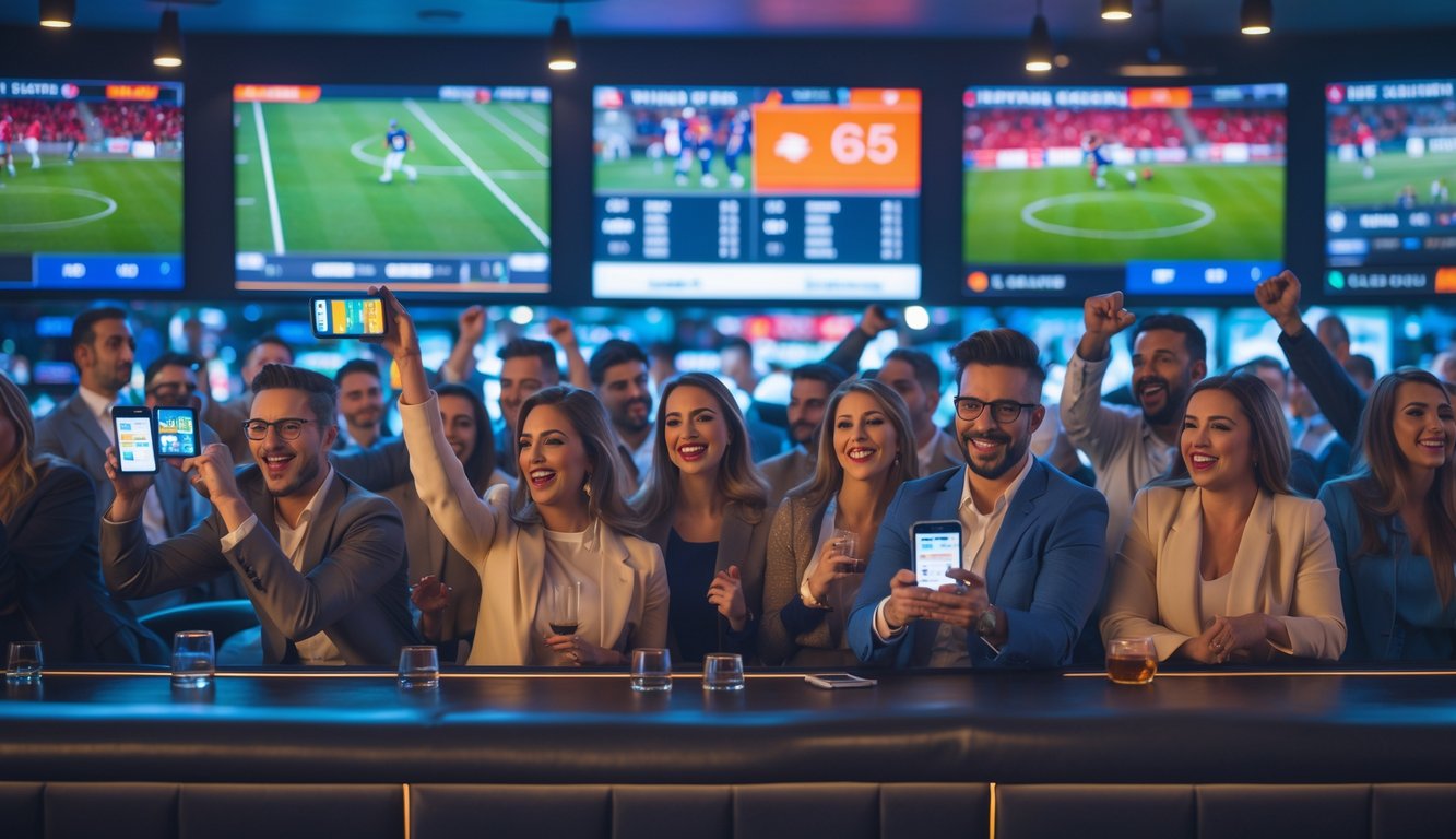 Orang-orang menonton pertandingan olahraga secara langsung di sebuah bar modern sambil menggunakan perangkat untuk taruhan olahraga.