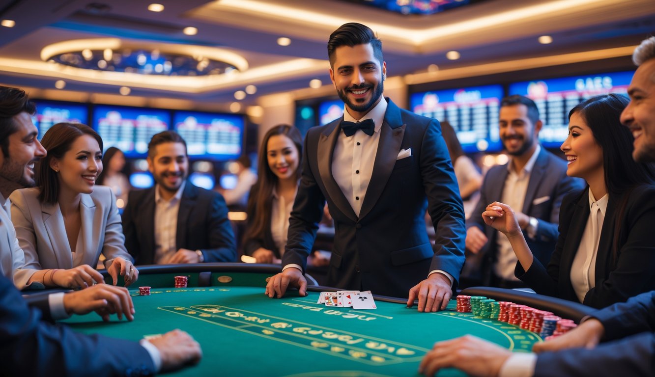 Seorang dealer profesional berdiri di meja kasino dengan pemain yang sedang bermain dalam suasana kasino yang mewah dan ramai.