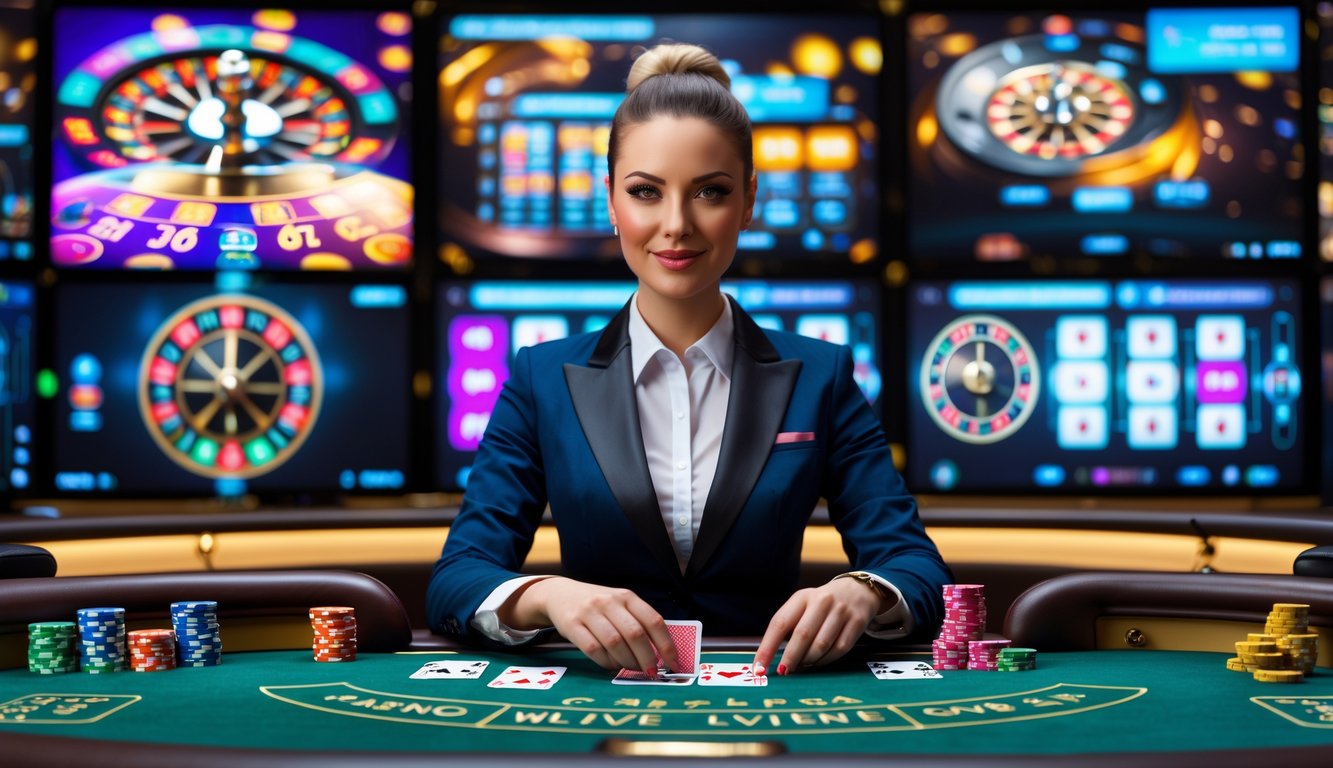 Seorang dealer kasino wanita duduk di meja permainan dengan kartu dan chip di depan, di latar belakang terdapat layar besar yang menampilkan permainan kasino.