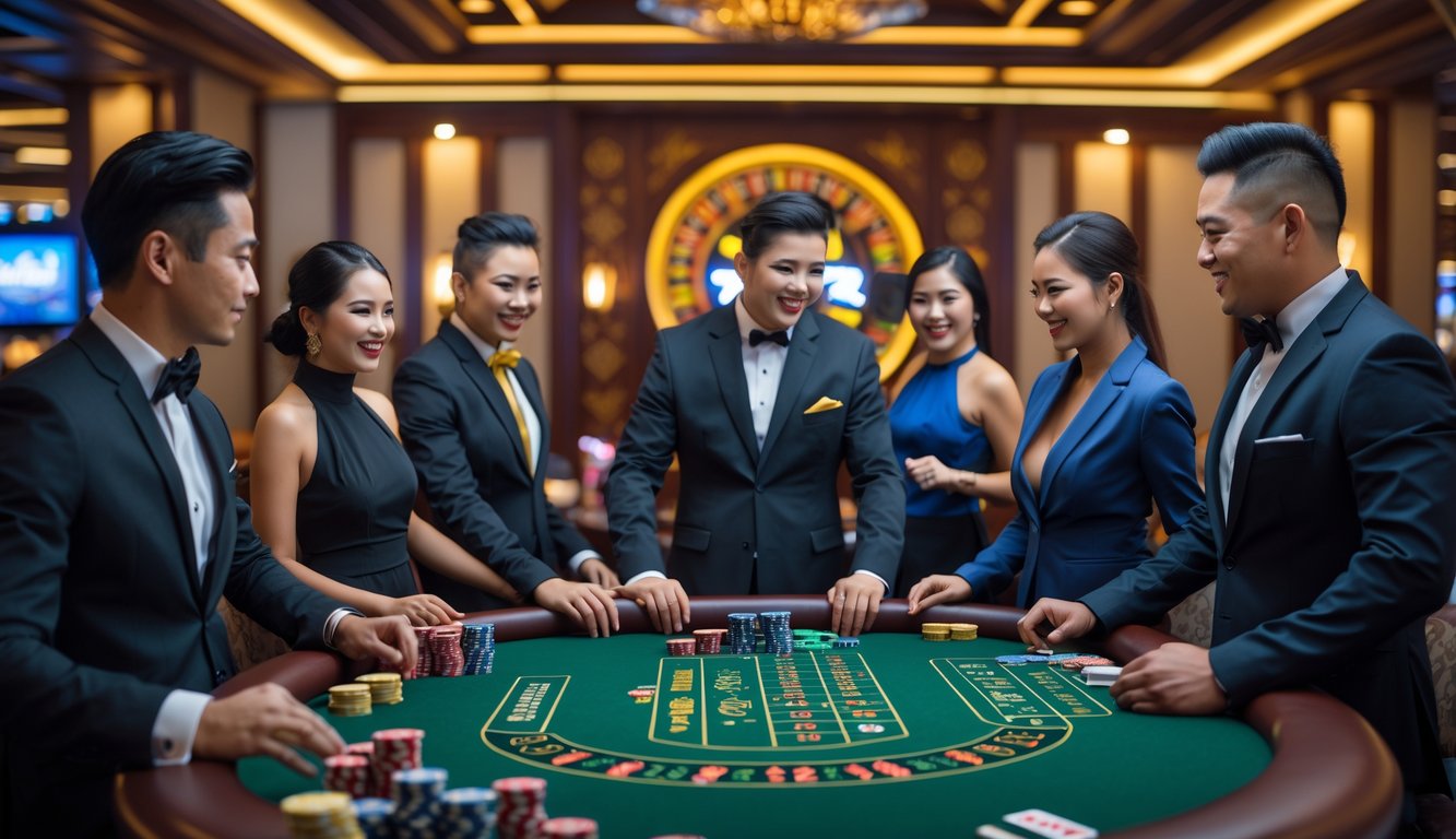 Suasana kasino langsung dengan pemain dan dealer berkumpul di meja blackjack di dalam ruangan yang elegan.