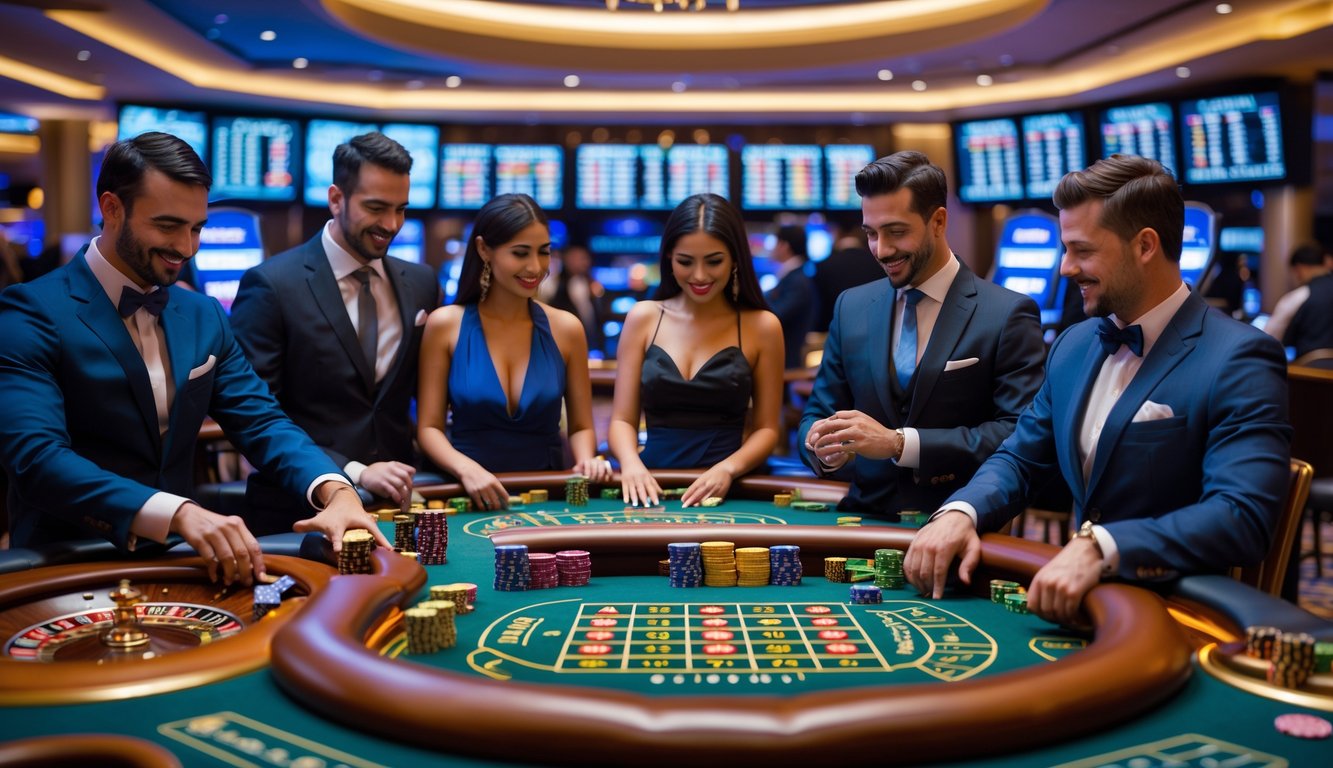 Suasana kasino langsung dengan orang-orang bermain permainan judi seperti poker dan roulette di meja yang terang dan elegan.