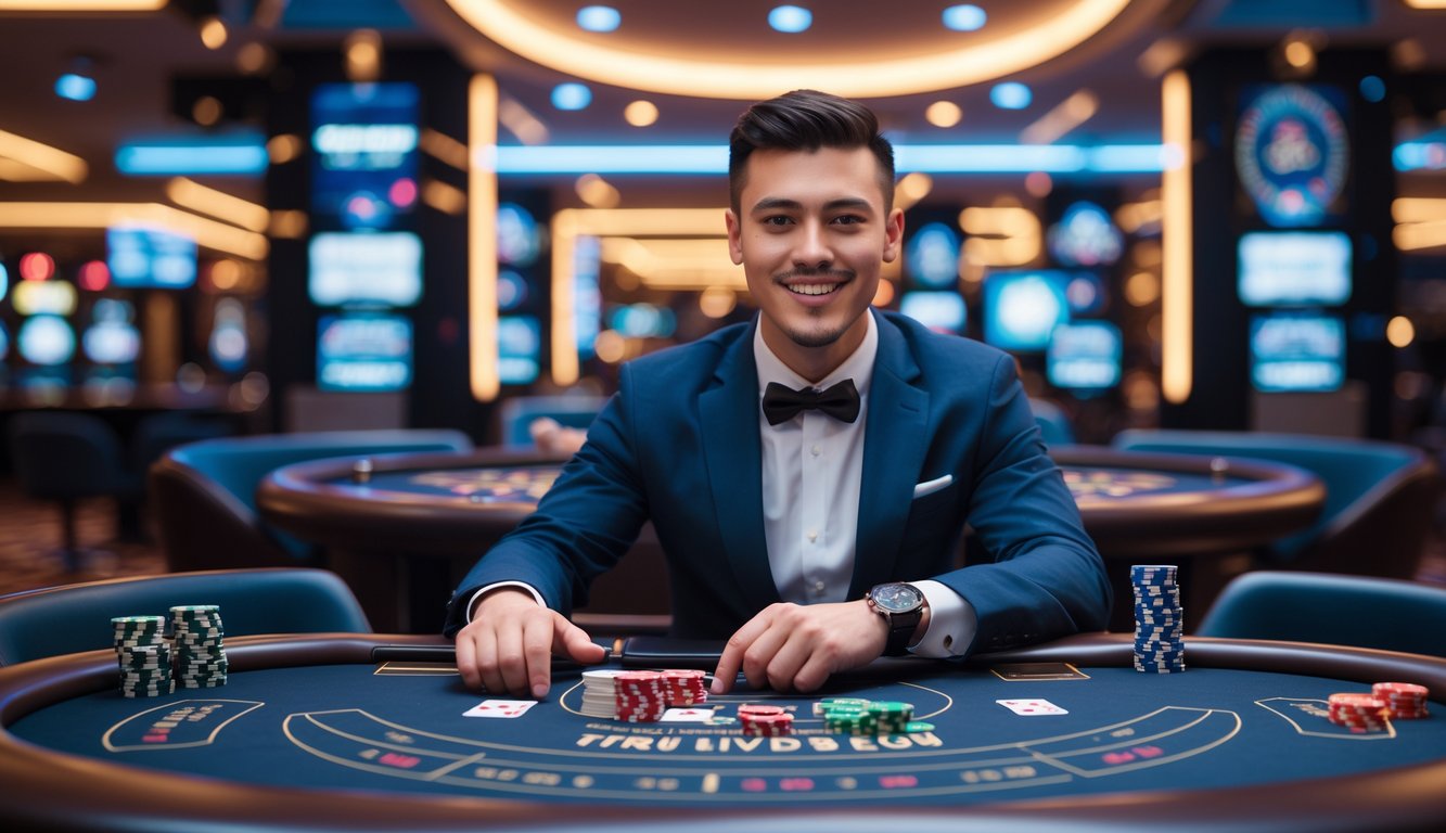 Seorang dealer kasino profesional duduk di meja permainan dengan kartu dan chip, di latar belakang kasino modern dengan pencahayaan dan layar digital.