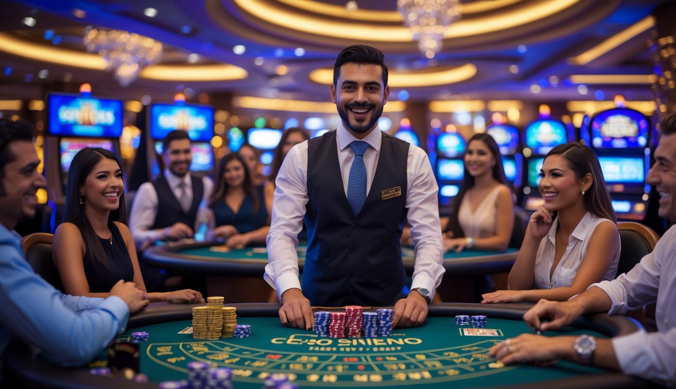 Suasana kasino langsung dengan dealer dan pemain yang sedang bermain di meja permainan, lampu kasino yang mewah, dan mesin slot di latar belakang.