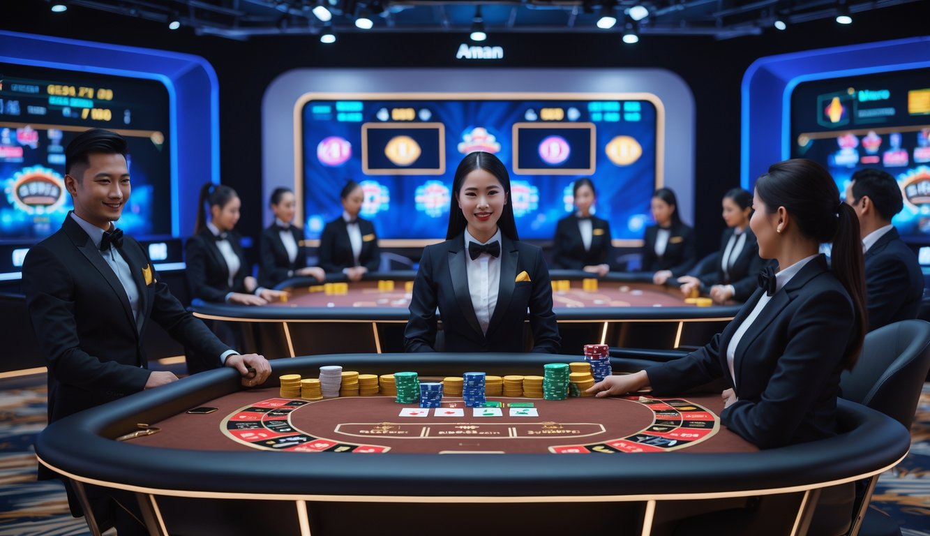 Studio kasino langsung dengan dealer profesional dan meja permainan yang modern.
