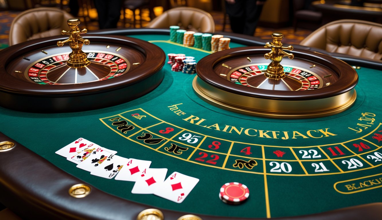 Meja kasino mewah dengan roda roulette berputar dan kartu blackjack serta chip di atas meja hijau.