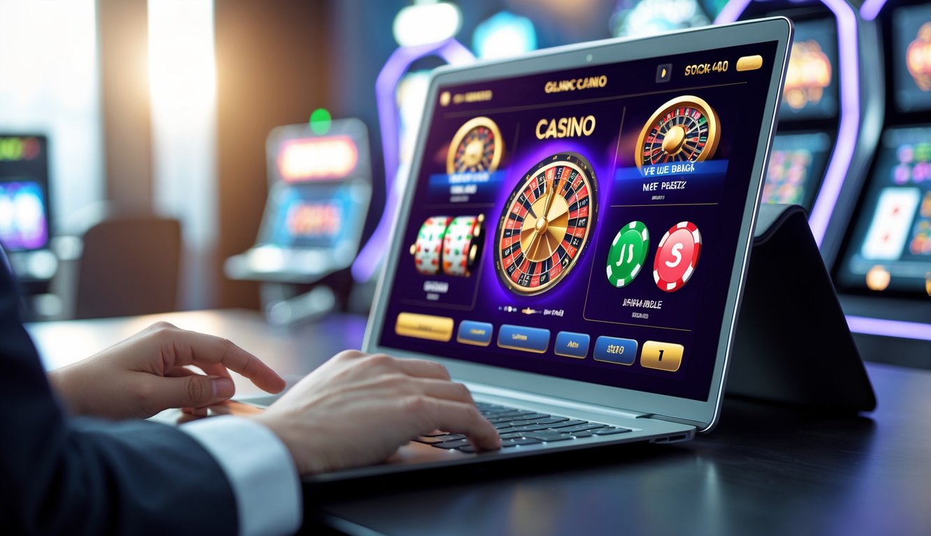 Seseorang menggunakan komputer dengan tampilan permainan kasino online secara langsung di layar.