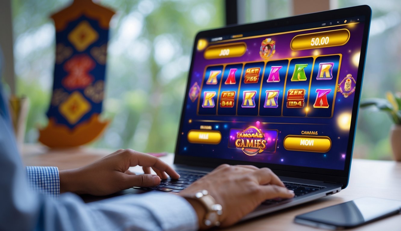 Seseorang menggunakan komputer dengan permainan slot online yang berwarna-warni di layar, dengan elemen budaya Indonesia di latar belakang.