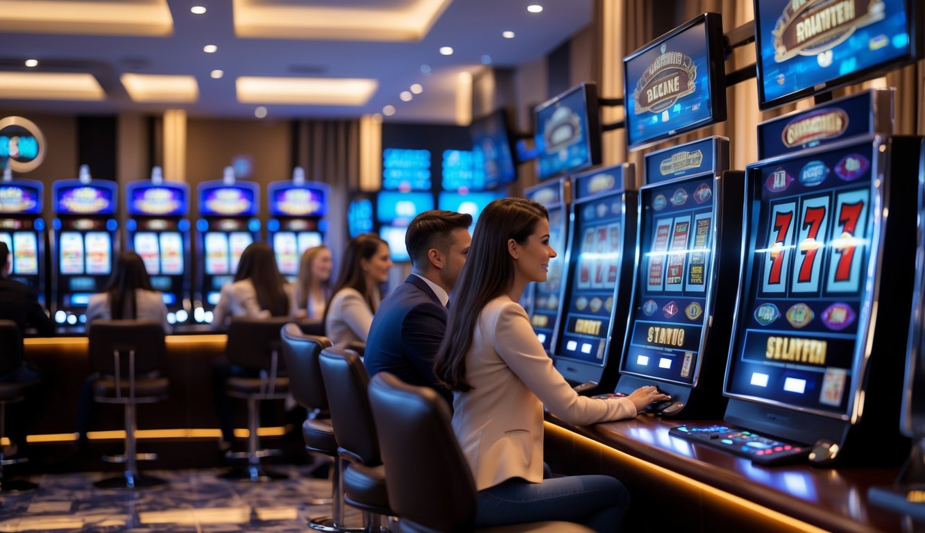 Orang-orang sedang bermain mesin slot online di ruang permainan modern dengan suasana profesional dan nyaman.