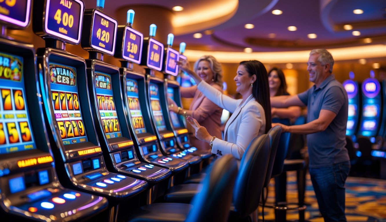 Orang-orang bermain mesin slot di kasino yang terang dan modern dengan suasana yang menyenangkan.