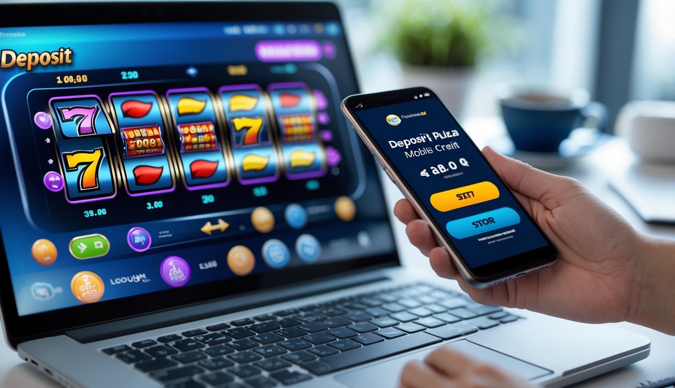 Seseorang menggunakan laptop dan ponsel untuk bermain permainan slot online dengan metode deposit pulsa.