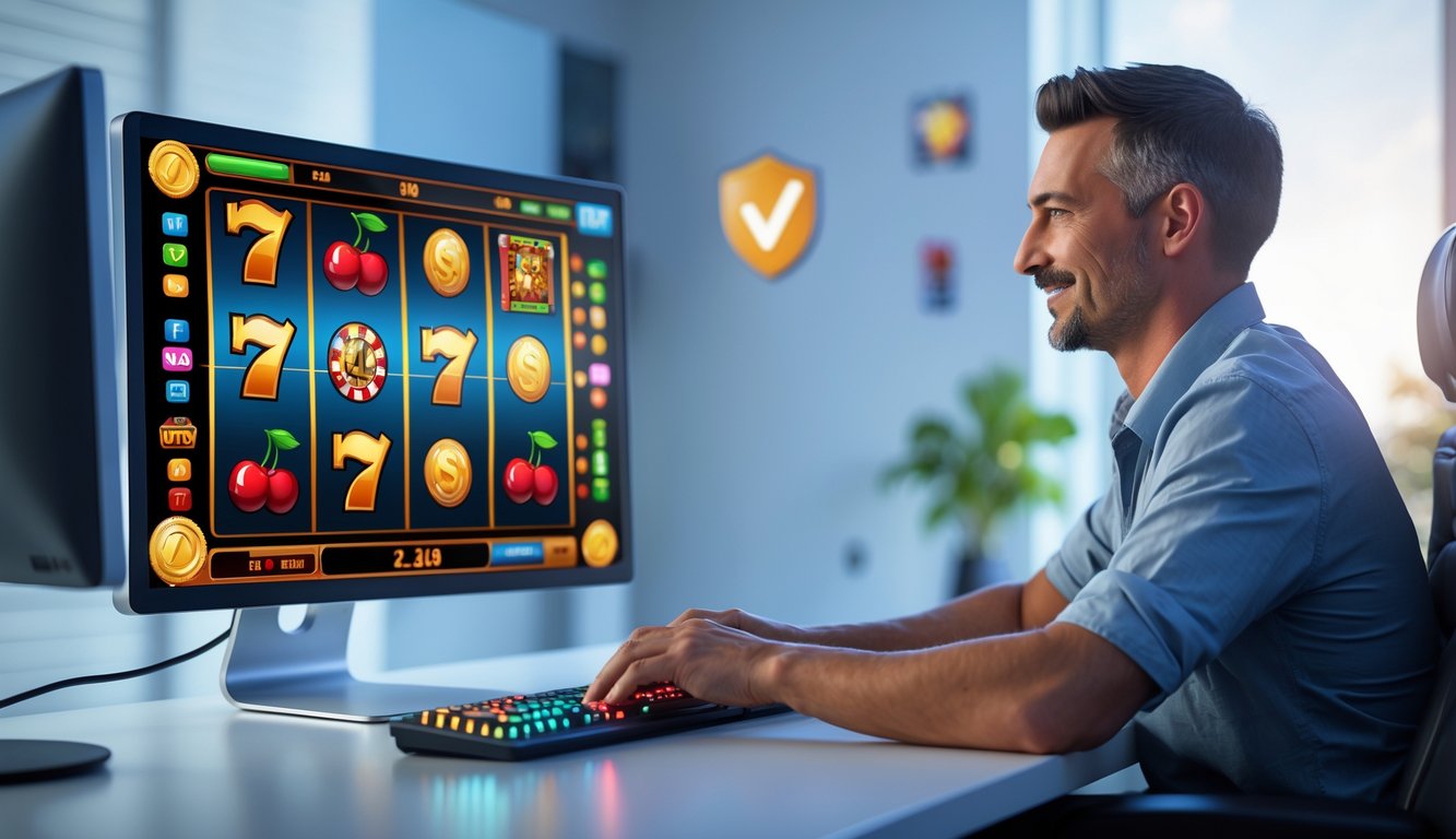 Seorang pemain dewasa sedang bermain mesin slot online di komputer dengan latar ruangan yang bersih dan terang, menunjukkan suasana permainan yang dapat dipercaya tanpa adanya robot.