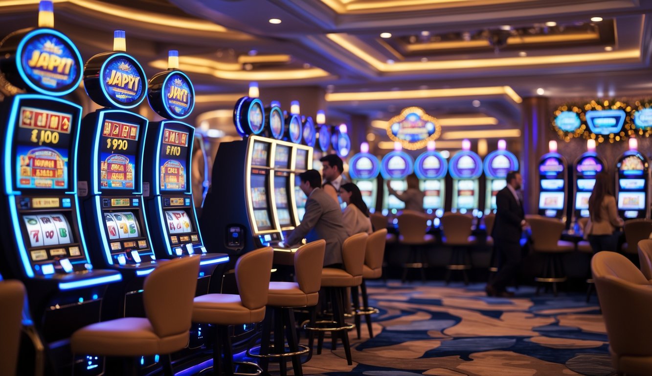 Suasana kasino modern dengan mesin slot berwarna-warni dan orang-orang yang menikmati permainan serta meter jackpot besar yang menyala.