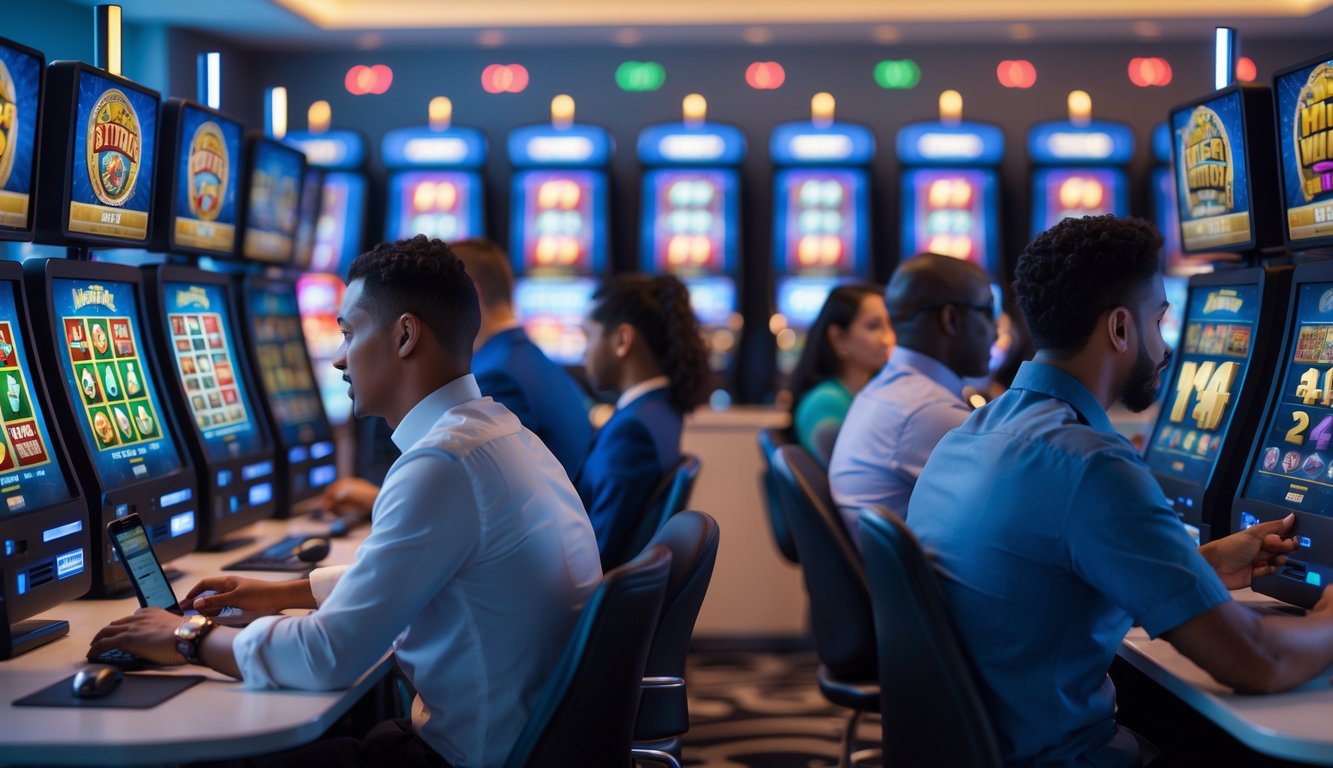 Orang-orang bermain permainan slot online di komputer dan ponsel dalam ruangan dengan pencahayaan hangat dan layar berwarna-warni.