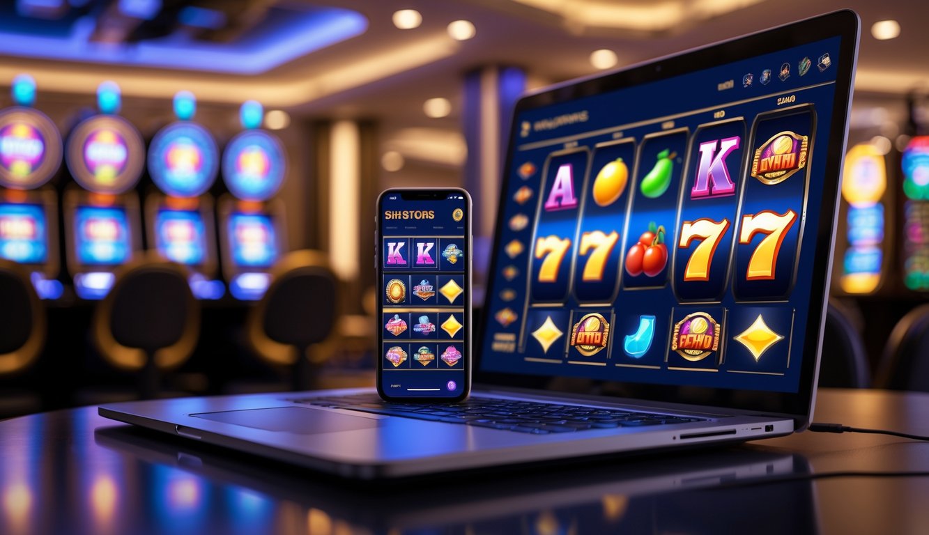 Suasana ruang kasino modern dengan laptop dan ponsel yang menampilkan permainan slot berwarna-warni.