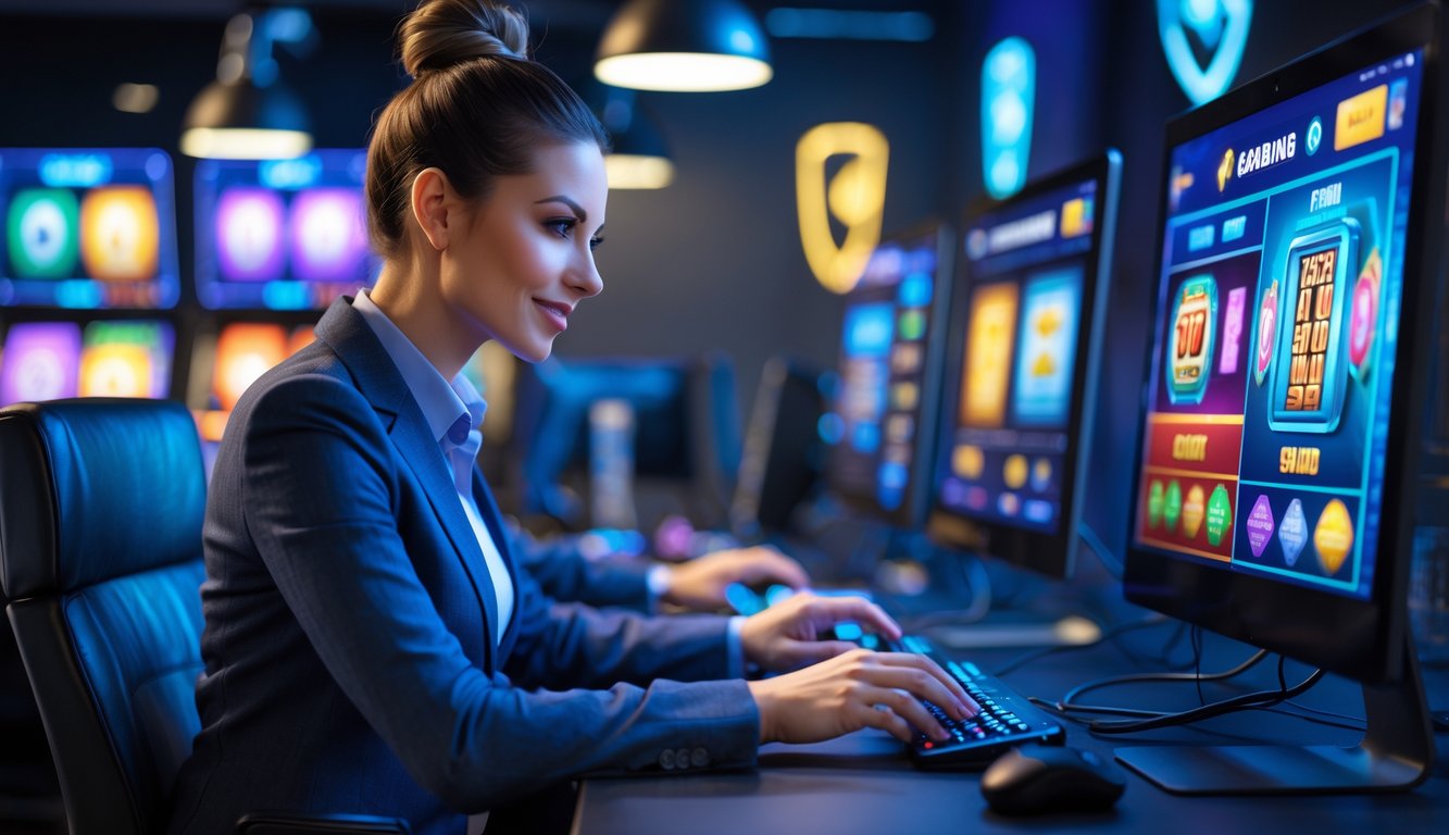 Seorang pria menggunakan komputer dengan layar menampilkan permainan slot online yang berwarna-warni di ruang kerja modern.