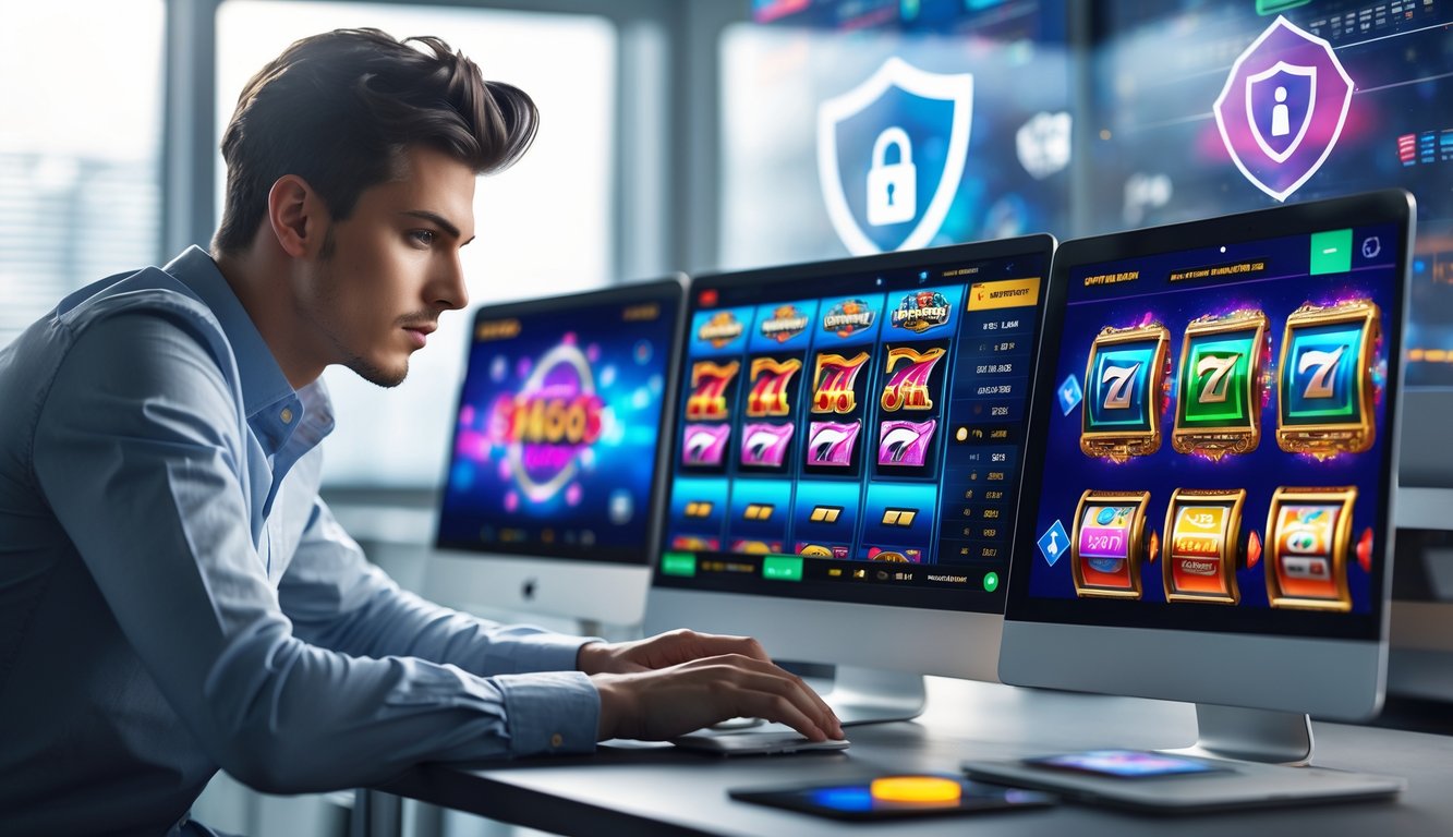 Seseorang sedang menggunakan laptop dengan layar menampilkan permainan mesin slot di lingkungan kantor modern.