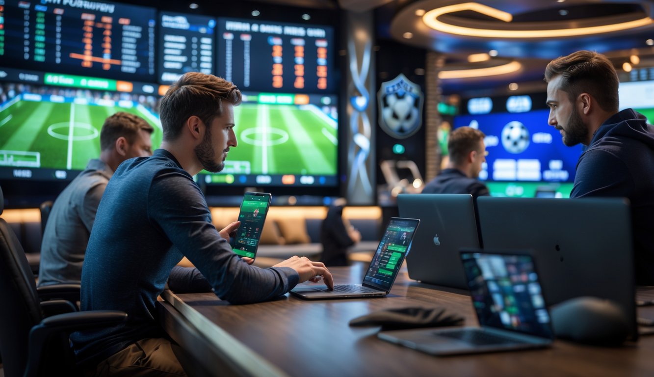 Orang-orang sedang fokus memasang taruhan sepak bola di ruang taruhan modern dengan layar besar menampilkan pertandingan langsung.