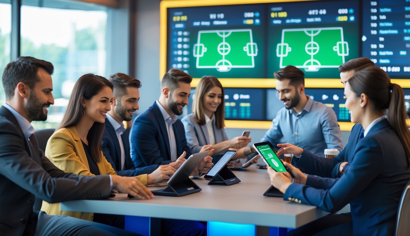 Orang-orang sedang memasang taruhan pada pertandingan sepak bola menggunakan perangkat digital di ruang taruhan resmi.