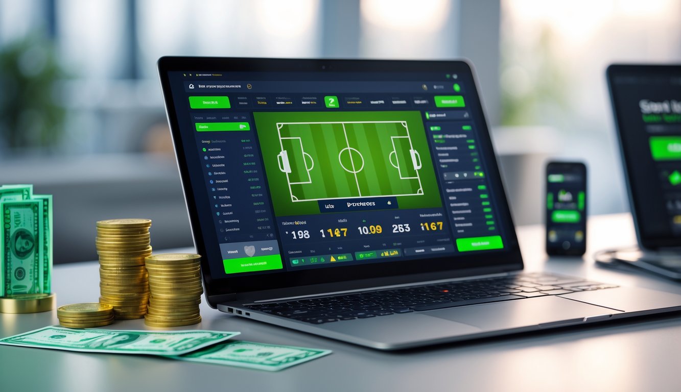 Suasana kerja modern dengan laptop menampilkan antarmuka taruhan sepak bola online dan perangkat teknologi di atas meja.