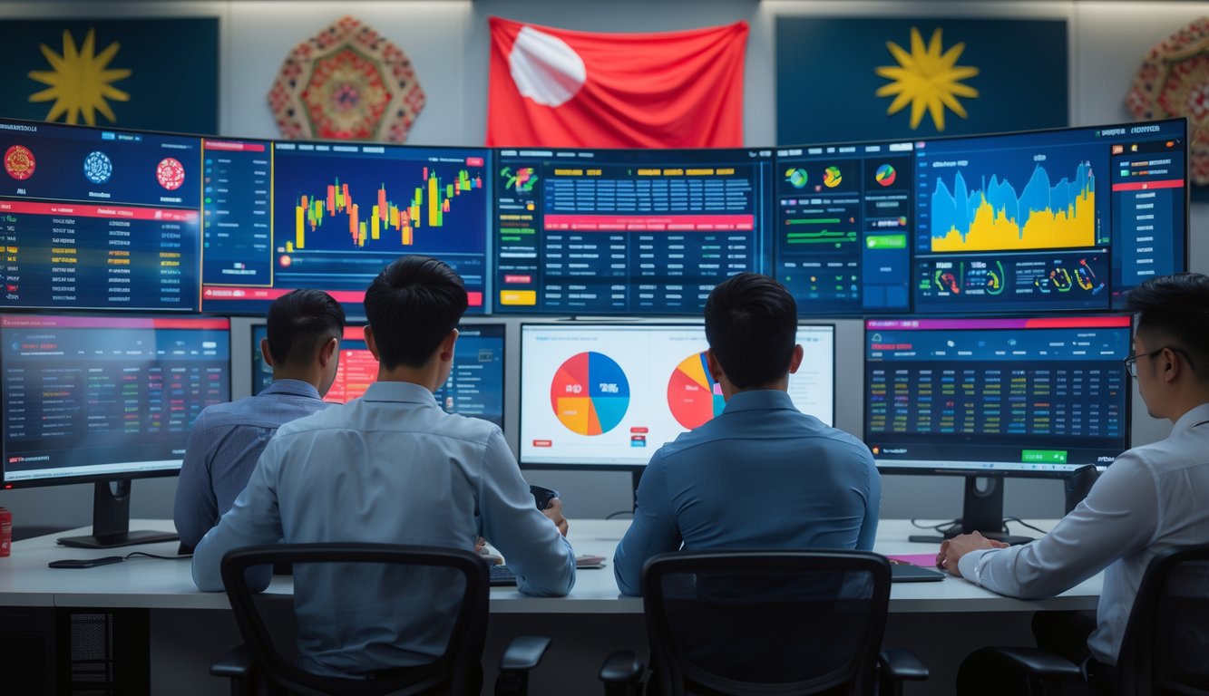 Sekelompok profesional muda Indonesia sedang bekerja dengan komputer menampilkan data pertandingan sepak bola di kantor modern.