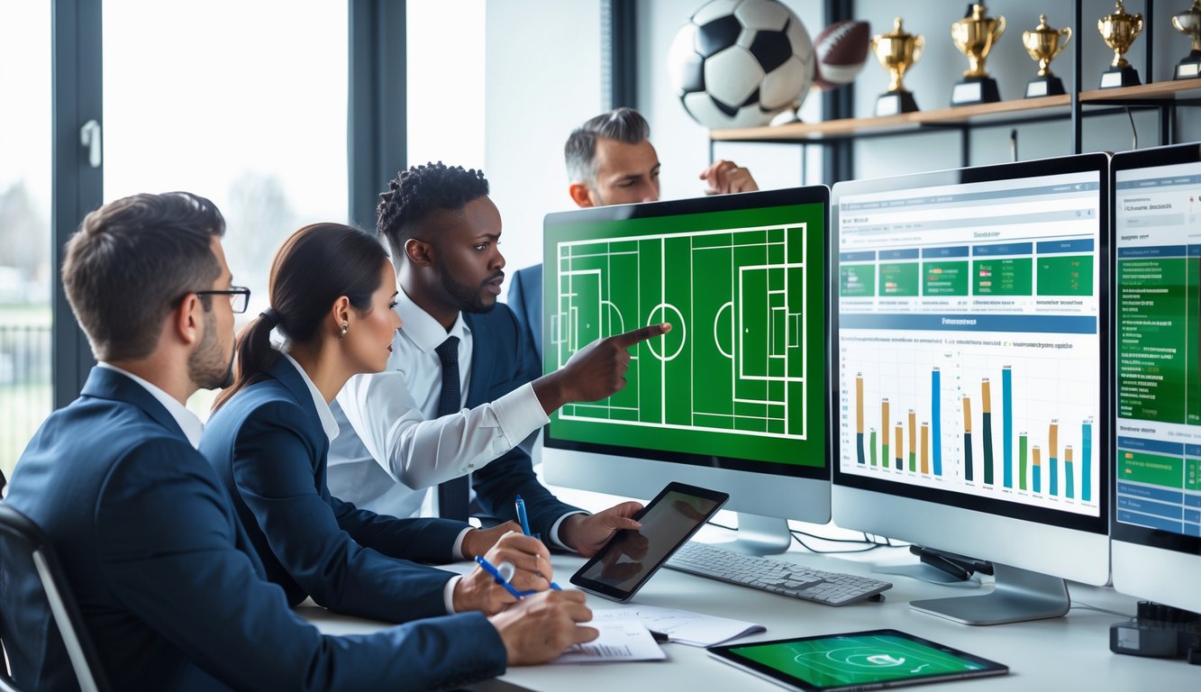 Sekelompok profesional sedang menganalisis data pertandingan sepak bola di kantor modern dengan layar komputer besar.
