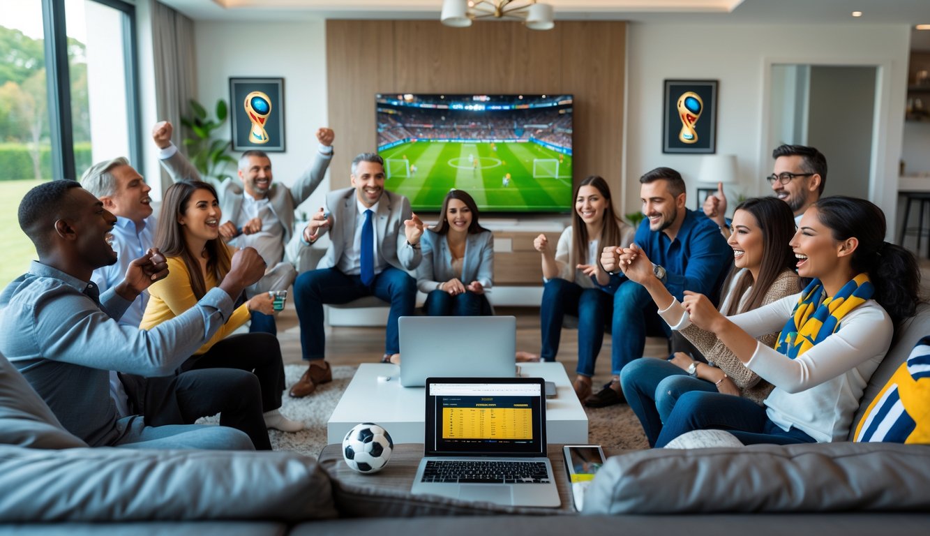 Sekelompok orang sedang menonton pertandingan sepak bola Piala Dunia di ruang tamu sambil menggunakan perangkat elektronik untuk taruhan.