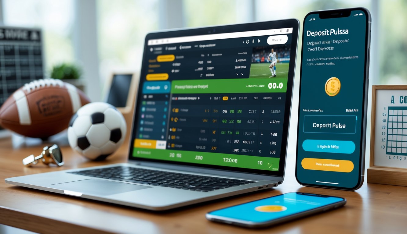 Meja kerja modern dengan laptop dan ponsel yang menampilkan aplikasi taruhan bola dan transaksi deposit pulsa.