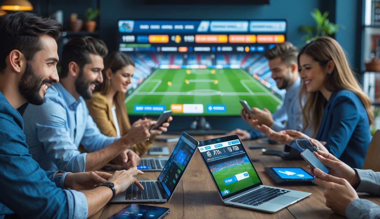 Beberapa orang menggunakan perangkat digital untuk memasang taruhan langsung pada pertandingan sepak bola yang sedang berlangsung.