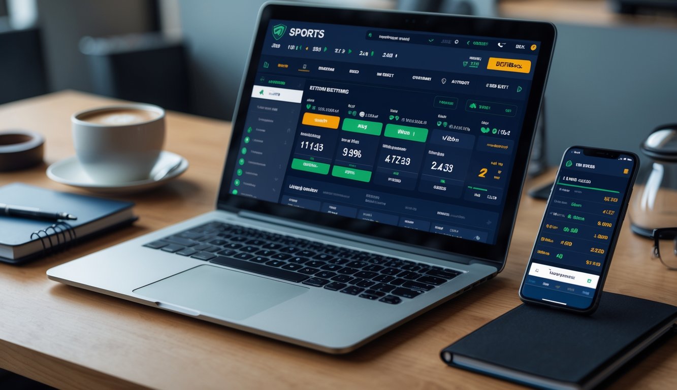 Seorang pria menggunakan laptop dan ponsel untuk memasang taruhan bola di meja kerja dengan kopi dan alat tulis.