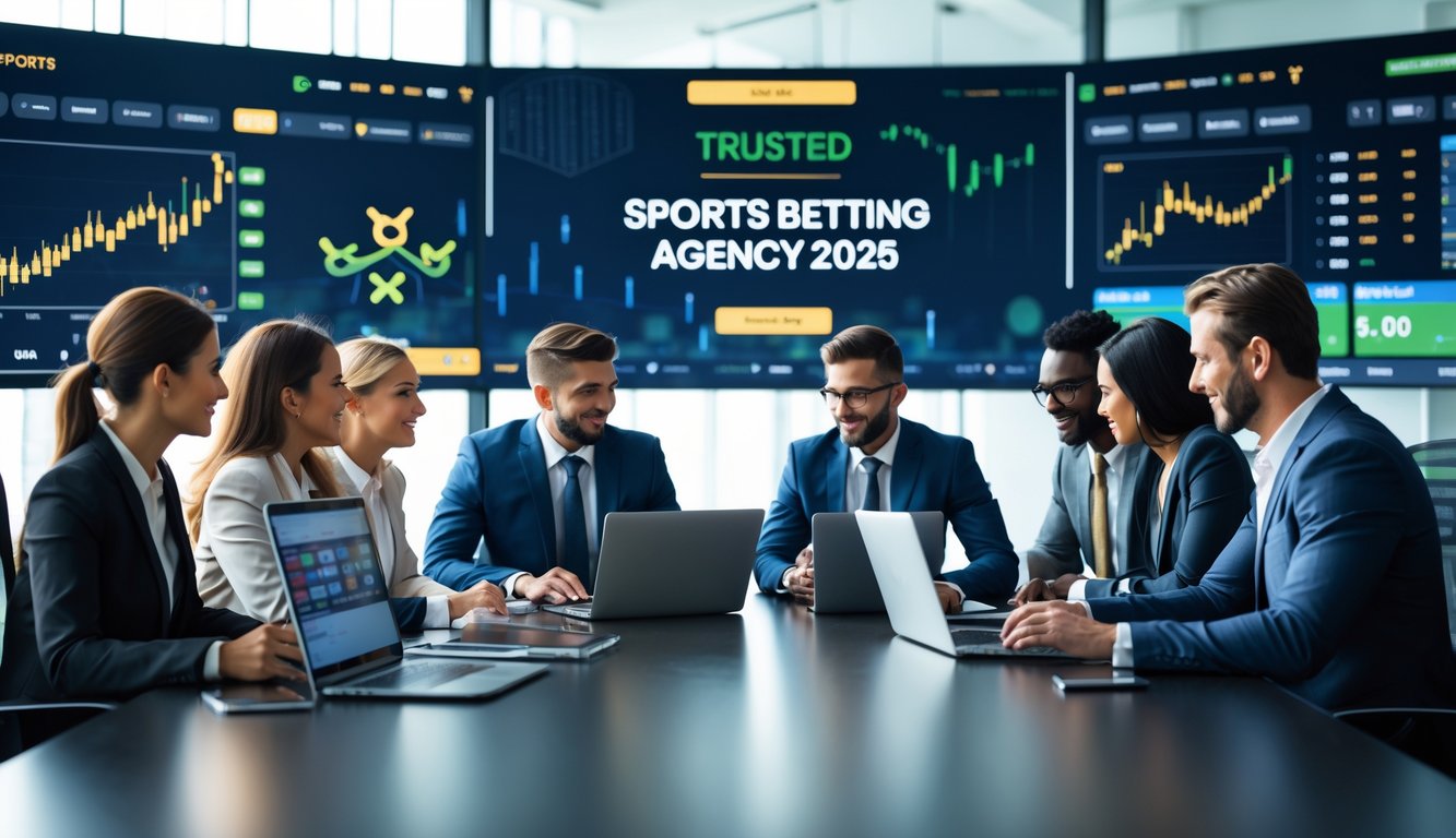 Sekelompok profesional sedang rapat di kantor modern dengan layar besar menampilkan grafik olahraga dan statistik taruhan.