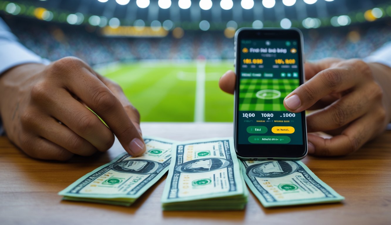 Tangan memegang uang rupiah 10 ribu di atas meja dengan ponsel yang menampilkan aplikasi taruhan bola, latar belakang menunjukkan pertandingan sepak bola.