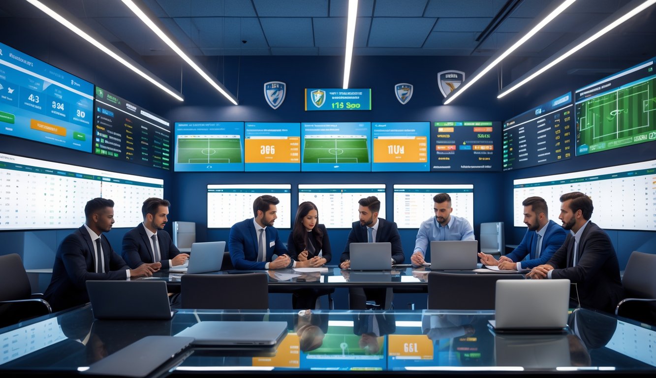 Suasana kantor modern dengan beberapa orang yang sedang menganalisis data pertandingan sepak bola di layar besar.