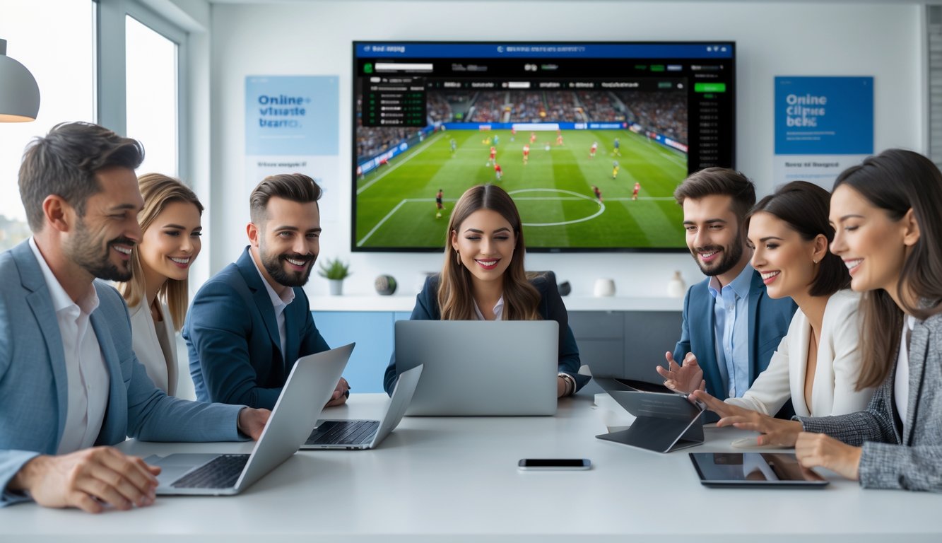 Sekelompok orang menggunakan perangkat digital untuk memasang taruhan sepak bola secara online dalam suasana yang cerah dan profesional.
