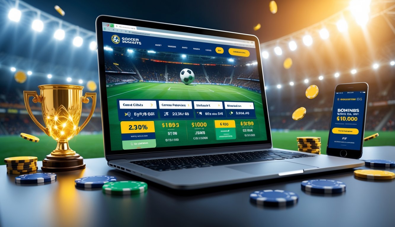 Seorang pria menggunakan laptop dengan tampilan situs taruhan sepak bola, dikelilingi oleh trofi dan chip poker, dengan latar belakang stadion sepak bola yang ramai.