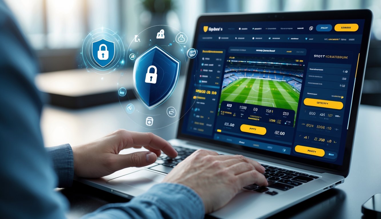 Orang menggunakan laptop dengan tampilan situs taruhan bola online yang aman dan terpercaya di lingkungan kerja modern.
