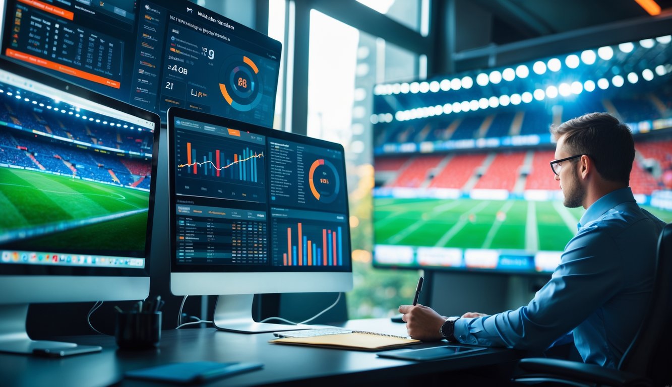 Seorang analis olahraga sedang bekerja di depan beberapa layar komputer yang menampilkan statistik dan data pertandingan sepak bola.