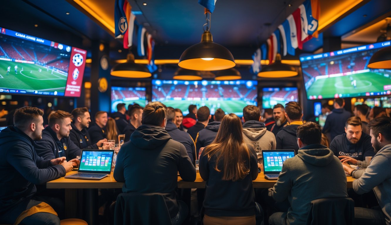 Sekelompok penggemar sepak bola sedang menonton pertandingan Liga Champions dan memasang taruhan menggunakan ponsel di sebuah bar olahraga.