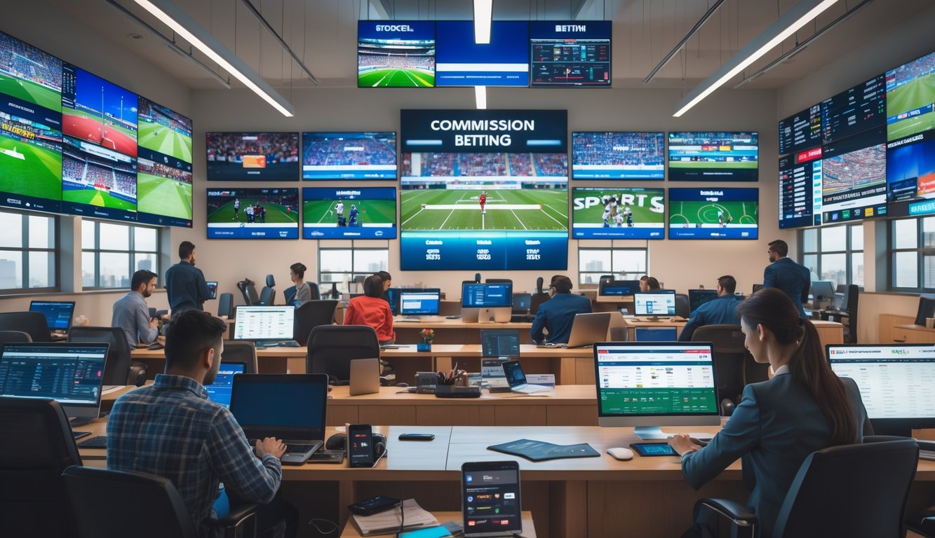 Orang-orang di kantor taruhan olahraga modern yang sedang menggunakan perangkat elektronik untuk memasang taruhan tanpa potongan.