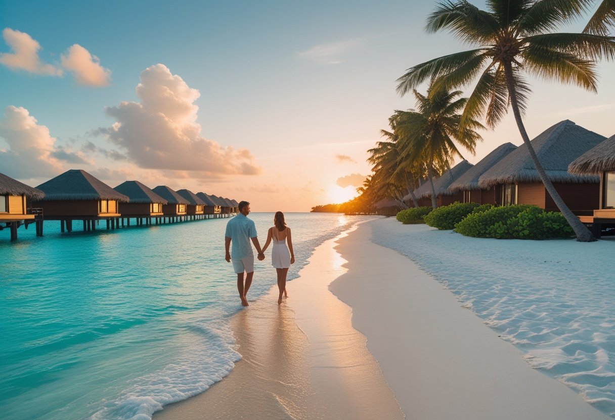 Plage tropicale aux Maldives avec eau turquoise, sable blanc, palmiers et bungalows sur pilotis au lever du soleil.