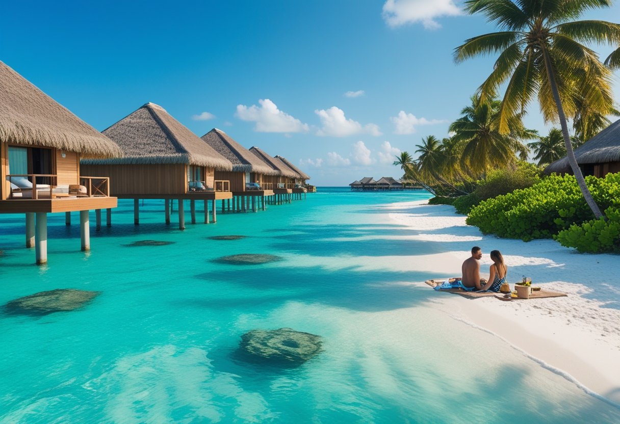Vue panoramique des Maldives montrant des bungalows sur pilotis, une villa en bord de plage et un couple profitant d'un pique-nique sur le sable blanc au bord de l'eau turquoise.