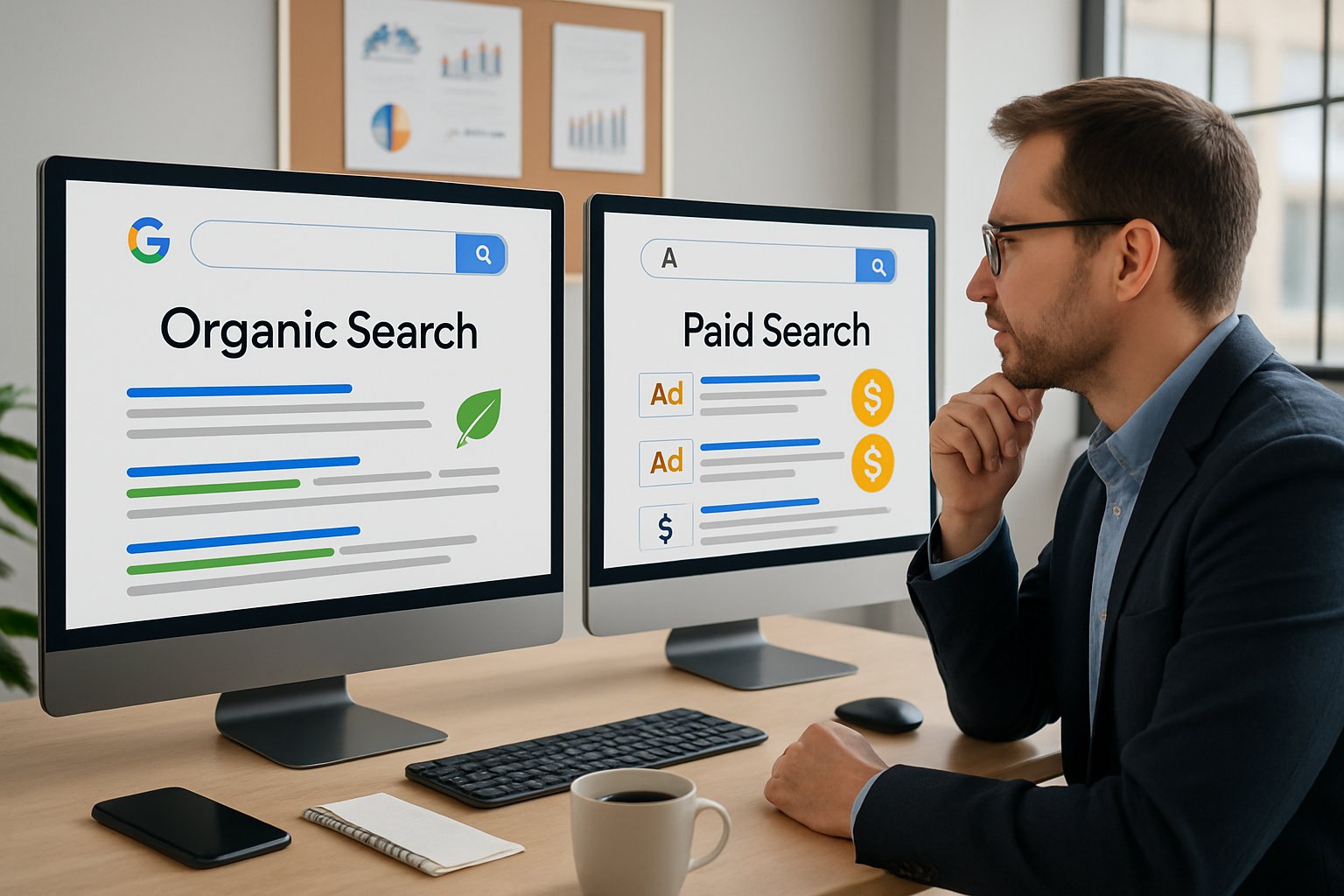 A business professional sitting at a desk with two computer monitors showing different search engine results pages, one representing organic search and the other paid search.